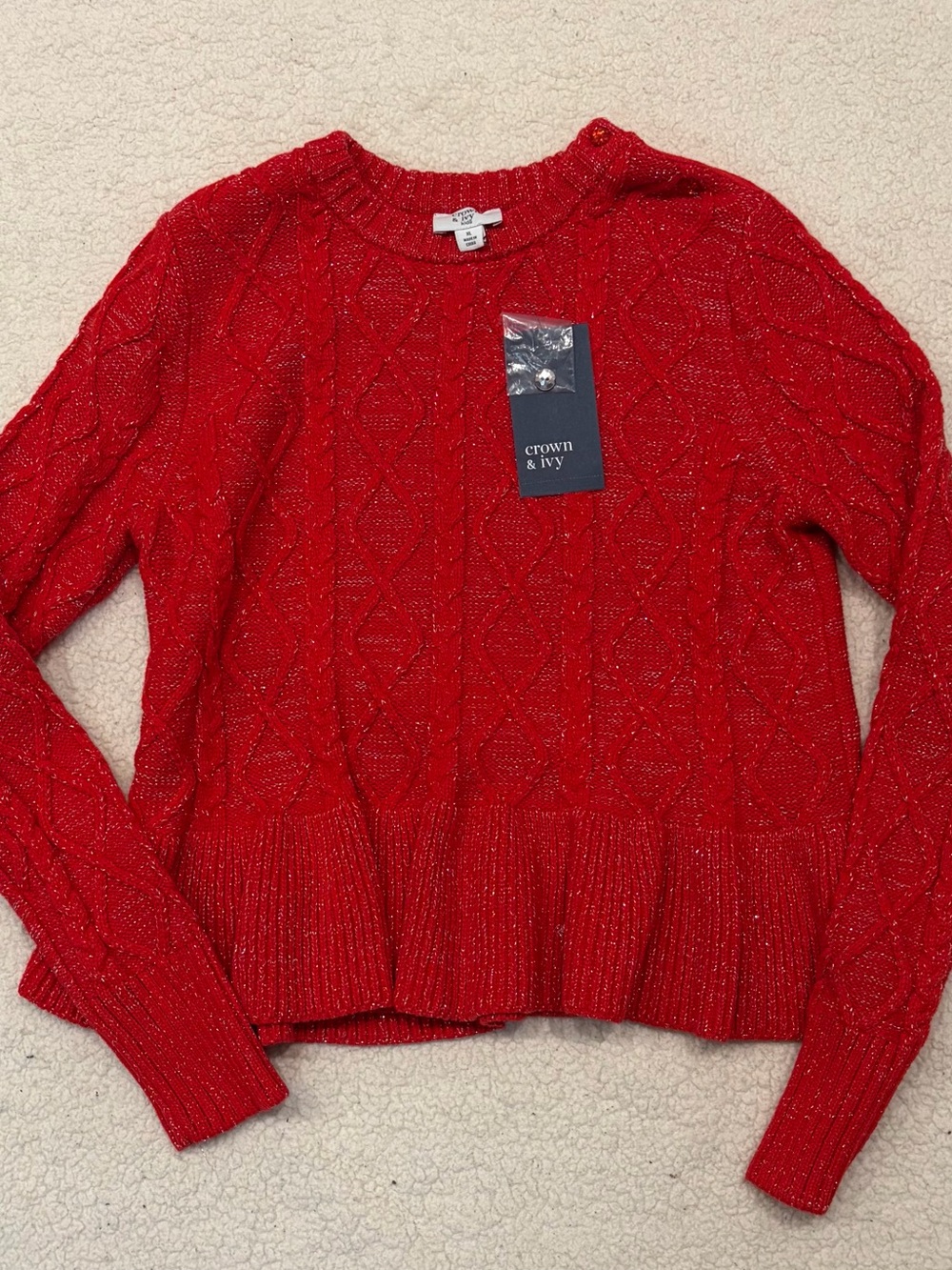Crown & Ivy Kids Red Sparkle Cable Knit Peplum Sweater (Size XL, NWT)